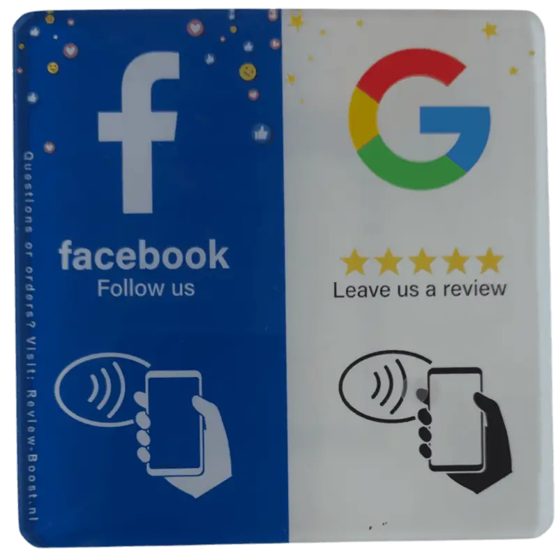 Duo NFC bord met Facebook en Google op 10x10 cm PVC met epoxy