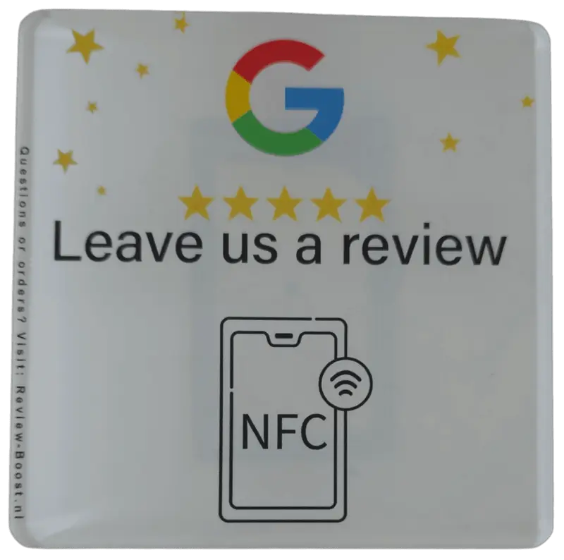 Wit NFC Google review bord van 10x10 cm in PVC met epoxy