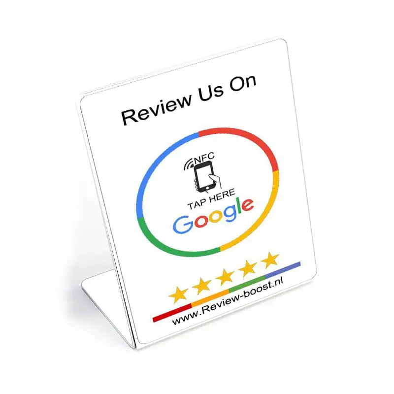 Wit staand NFC review kassadisplay op de toonbank