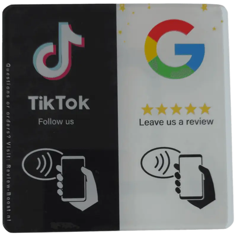 NFC Duo TikTok/Google bord 10x10cm PVC+Epoxy Duo NFC bord met TikTok en Google op 10x10 cm PVC met epoxy