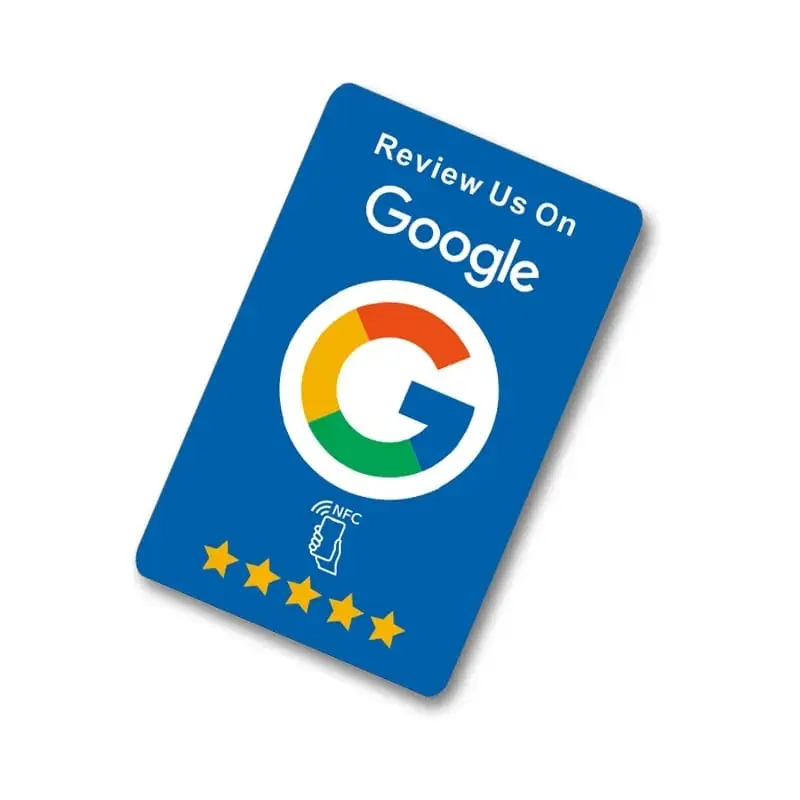 NFC reviewkaart in blauwe huisstijl met logo