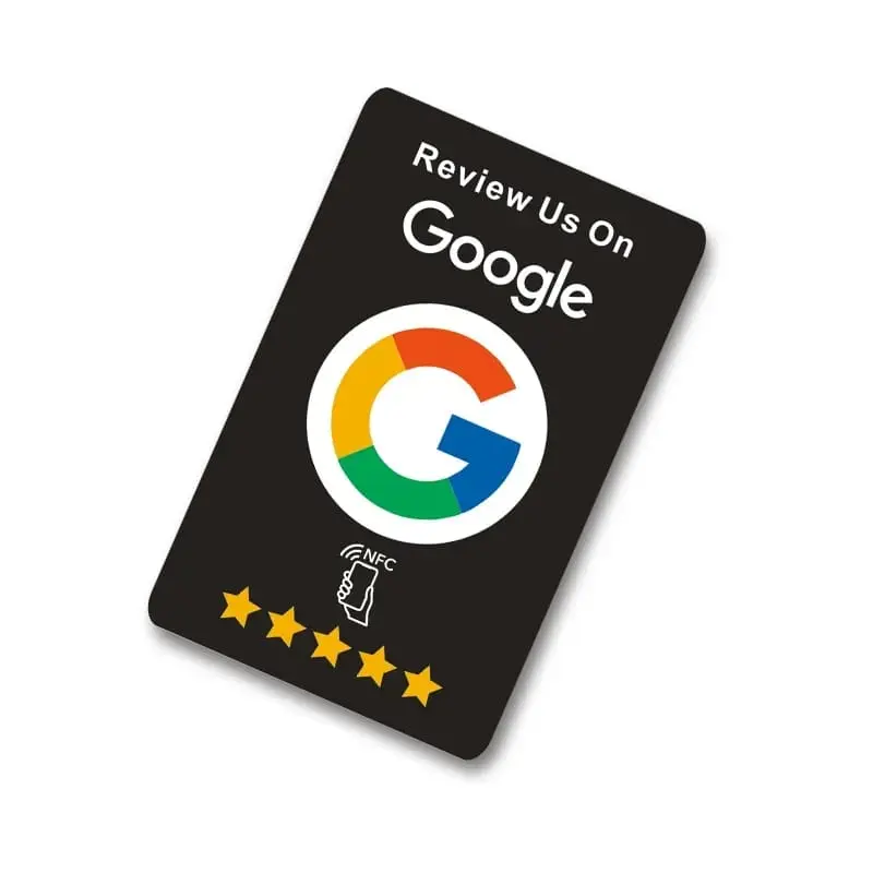 Tweezijdig bedrukte zwarte NFC reviewkaart met logo
