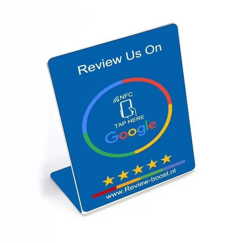 Blauw staand NFC review display, vooraanzicht