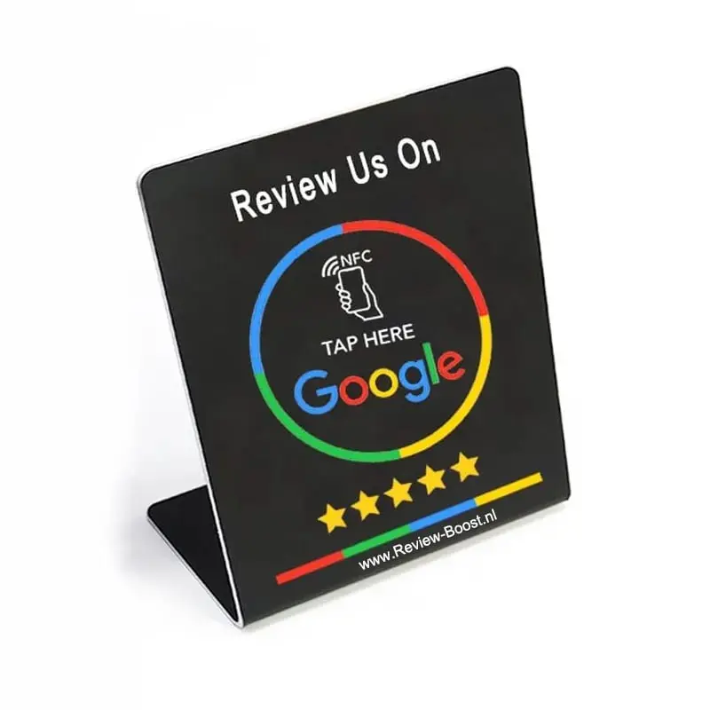 Zwart staand NFC review display, vooraanzicht